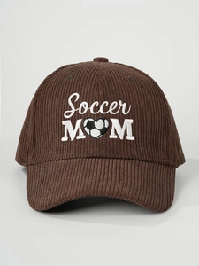 Close-up of Soccer MOM embroidery on brown corduroy baseball cap with heart football