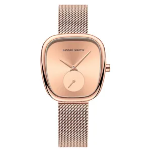 Roségoldene Tonneau-Uhr mit Milanaise-Netzarmband und eckigem Zifferblatt für Damen