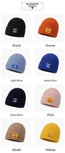 Grid view of ribbed knit beanies in eight vibrant colors with textile logo patches