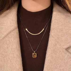 Layered Double Chain Necklace Gold Plated Copper Tiger Eye Stone Square Pendant Vintage Geometric For Women
