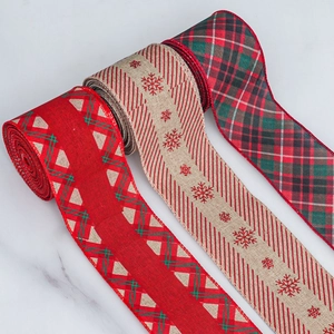 6cm wired burlap Christmas ribbons set with snowflake and plaid patterns for DIY decor