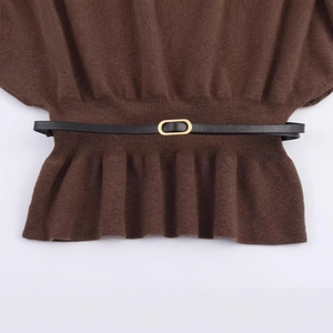 Brown knit top with ribbed waist featuring a thin black leather belt and gold oval buckle