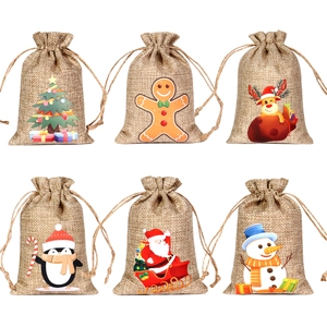 Set of 6 Christmas jute drawstring gift bags with reindeer, snowman and tree prints
