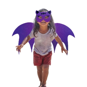 Detail of purple felt bat wings and mask set for children's Halloween cosplay