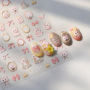 3D relief nail stickers featuring pink cat designs and decorative bow patterns