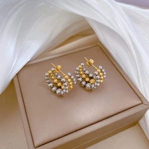 Minimalist titanium steel two-tone beaded C-shaped hoop earrings in gold and silver