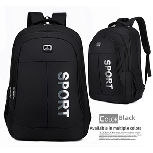 Detail view of durable black oxford fabric backpack with large white SPORT lettering