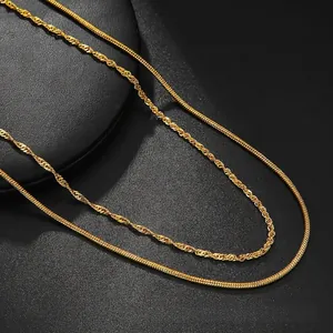 Minimalistisches 18K Gold-Edelstahl-Set aus Schlangenkette und verdrehter Wellenkette für den Alltag