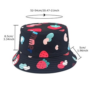 Kids strawberry bucket hat in black cotton with summer print and 52-54cm size guide