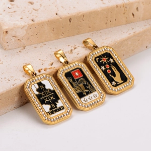 French style gold tarot card pendants with inlaid diamonds and enamel details on stone