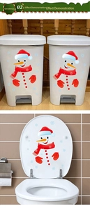 Detailed view of Christmas snowman stickers applied on white toilet lid and storage bins