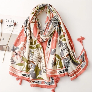 Women Tropical Floral Scarf Satin Polyester Shawl With Tassels Vintage Ethnic Beach Sun Protection Zebra Print Wrap