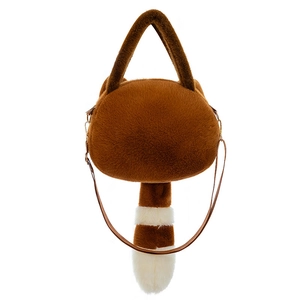 Detail view of the soft brown faux fur raccoon plush handbag with striped tail and round handle