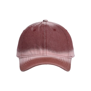 Detail showing red and pink ombre gradient on cotton denim baseball cap with stitching