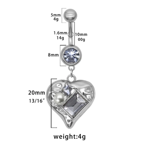 Detailed size chart for silver heart belly button ring with pearl and zirconia
