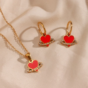 Stainless Steel Zirconia Red Heart Saturn Orb Pendant Necklace For Women Fashion Enamel Planet Jewelry Birthday Gift