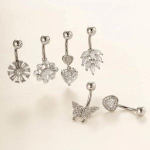 Set of 6 stainless steel navel rings featuring sunflower heart and butterfly zircon designs