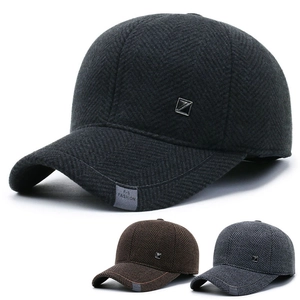 Men Winter Woolen Baseball Cap Herringbone Pattern Warm Ear Flaps Hat Adjustable Casual Vintage For Cold Weather