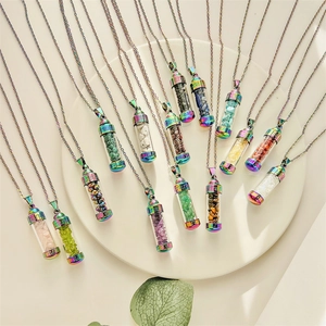 Perfume Bottle Pendant Necklace Stainless Steel Glass Rainbow Natural Stone Chips Openable Wishing Bottle Clavicle Chain
