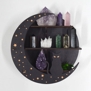 Detailed view of crescent moon wooden shelf with hollow stars and black cat silhouette