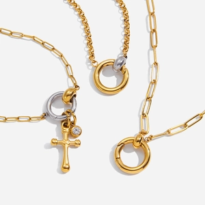 Stainless Steel Cross Pendant Necklace 18K Gold Plated Mixed Color Round Buckle Paperclip Chain Waterproof For Women