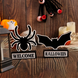 Décoration De Table Halloween En Bois Araignée Chauve-Souris Signe Bienvenue Fête Noir Blanc