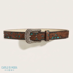 Boho-Ledergürtel im Western-Stil mit floraler Prägung und gravierter Silberschnalle