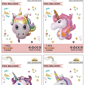 Detail view of four colorful unicorn foil balloons in professional retail packaging