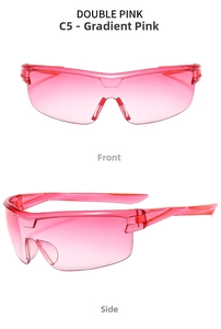 Front and side view of sporty gradient pink wrap-around cycling sunglasses with one-piece lens