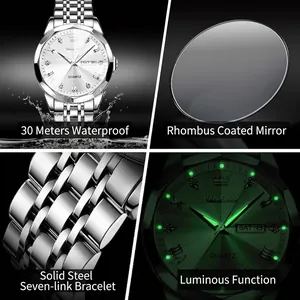 Luminous silver stainless steel men's watch with dual calendar and waterproof display