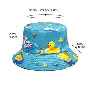 Blue reversible duck bucket hat with sea print and size dimensions 56-58cm for sun protection