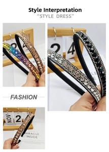 Close-up of thin baroque headband with colorful crystals and sparkling rhinestones