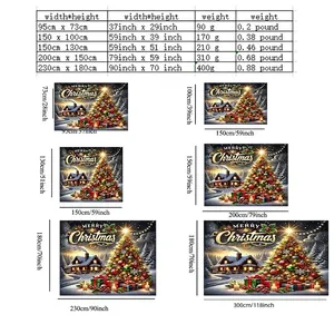 Christmas tapestry wall hanging with size chart showing snow cabin and tree scene