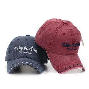 Distressed vintage cotton baseball cap with Boston embroidery in blue and deep red