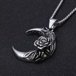 Crescent Moon Rose Pendant Necklace Stainless Steel Retro Gothic Street Punk Style Jewelry For Men And Women