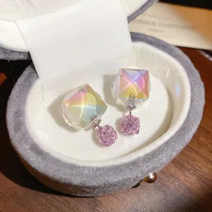 Iridescent Cube Pink Zircon Stud Earrings Geometric Double Sided Aurora Acrylic With 925 Sterling Silver Earring Post
