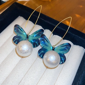 Butterfly Dangle Earrings With Large Faux Artificial Pearl And Blue Gradient Acrylic Wings Elegant Gold Hook Jewelry For Women