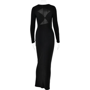 Close-up of the elegant bow-shaped cutout design on the back of a black bodycon dress