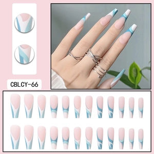 Macro detail of long ballerina press-on nails with blue wave French design 24pcs set