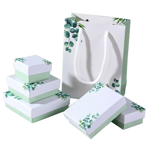 Green eucalyptus jewelry boxes and matching paper gift bags set in various sizes