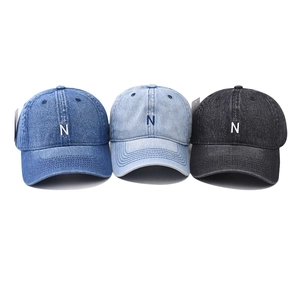 Washed cotton baseball caps with embroidered N letter in navy, light blue, and charcoal gray