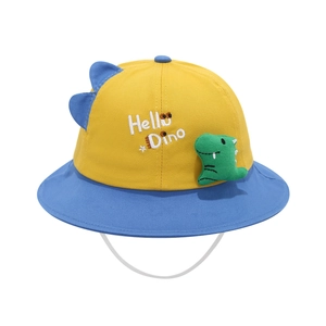 Yellow and blue kids dinosaur bucket hat with 3D dino and Hello Dino embroidery