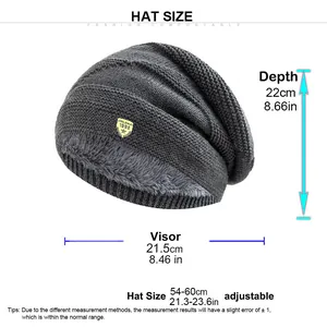 Detailed size chart for a thick winter knit beanie with depth and width measurements
