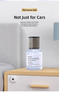 Close-up of 160ml glass bottle car air freshener with wood grain lid on a bedside table
