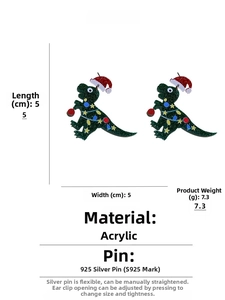 Detail showing 5cm green acrylic Christmas dinosaur earring with S925 silver needle