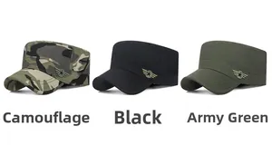 Flat top cadet caps in camouflage, black, and army green with military star embroidery