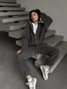 Top And Bottom da Donna in Pile Minimalista Tinta Unita Felpa con Cappuccio Vita Alta Pantaloni Dritti Casual Felpa