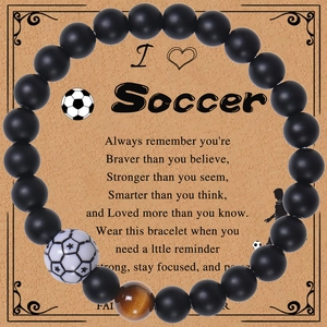 Soccer Theme Bracelet Natural Tiger Eye And Matte Stone Beads Adjustable Braided Sports Inspirational Gift For Fans
