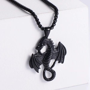 Punk vintage Game of Thrones inspired fire dragon pendant necklace in black metal finish
