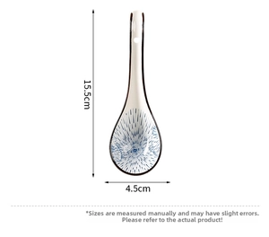 Detailed view of ceramic soup spoon with blue radial pattern and 15.5cm length markings